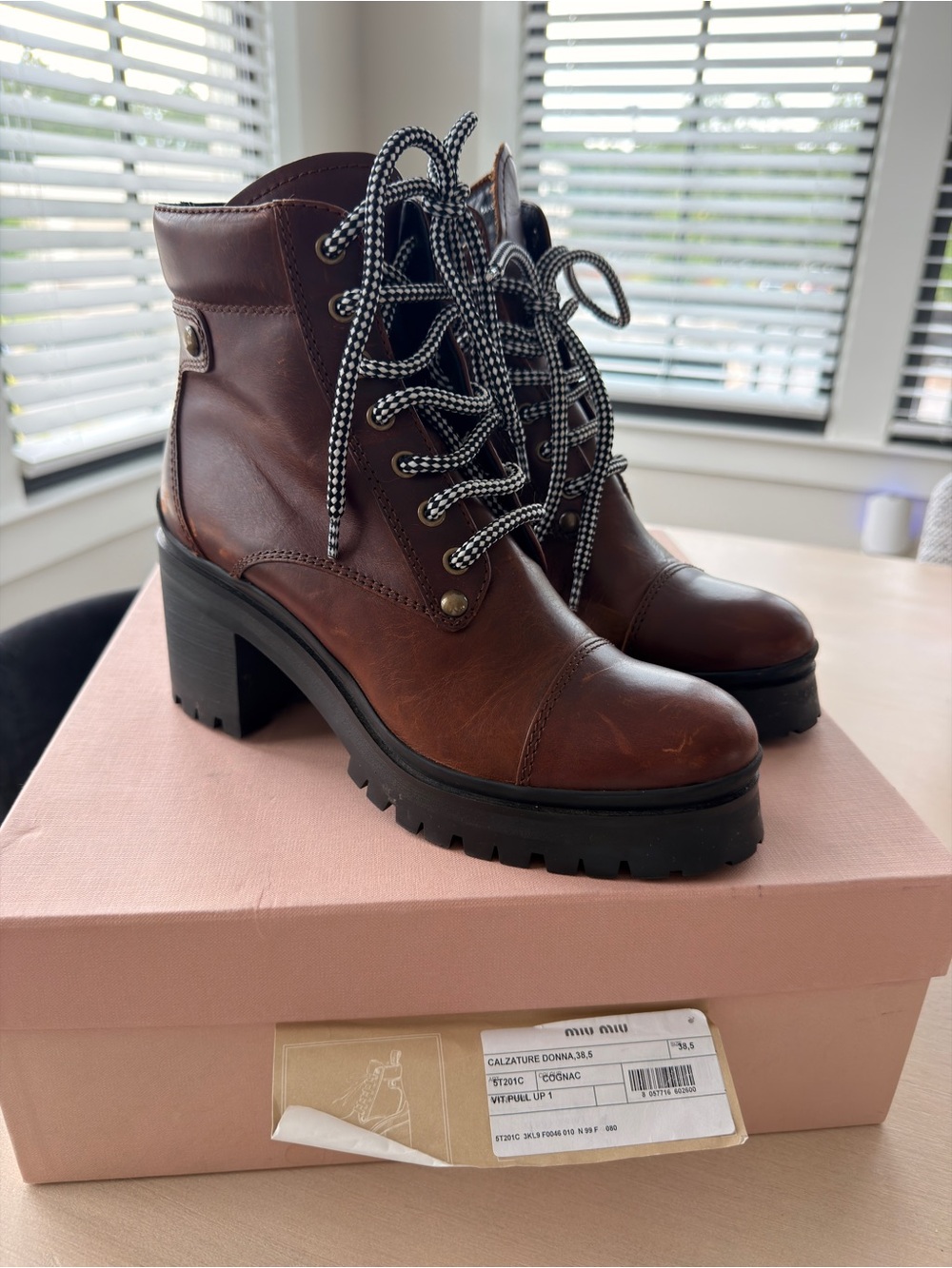 Miu Miu Chestnut Brown Leather Lace-Up Chunky Heel Ankle Boots